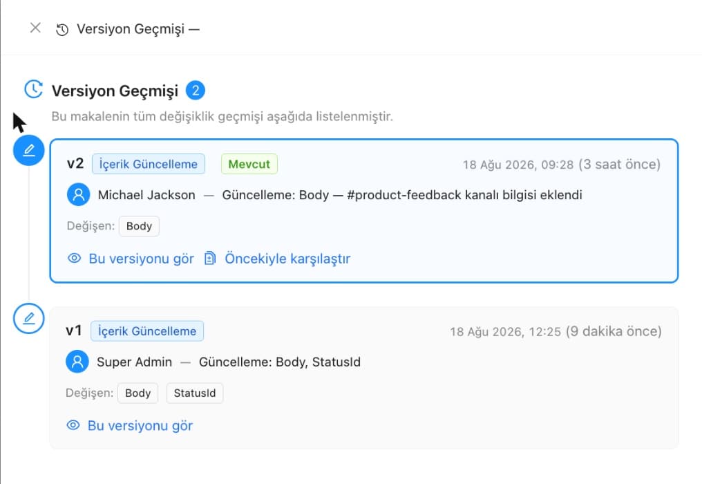 Versiyon Geçmişi